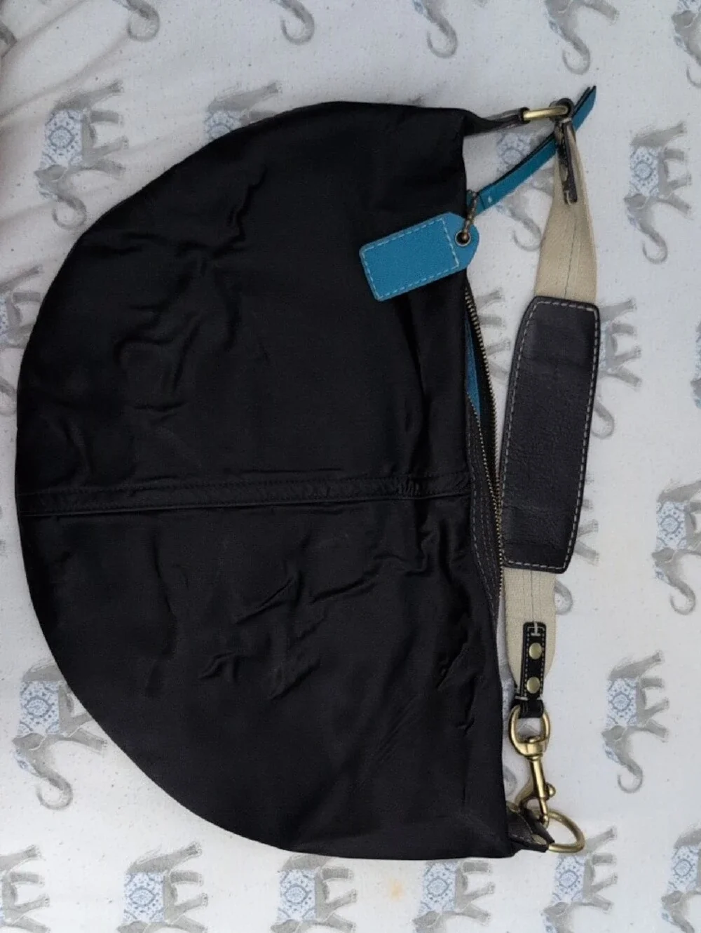 Vintage Coach Hampton HoboBlack Bag with Turquoise Leather Tag and Gold Hardware